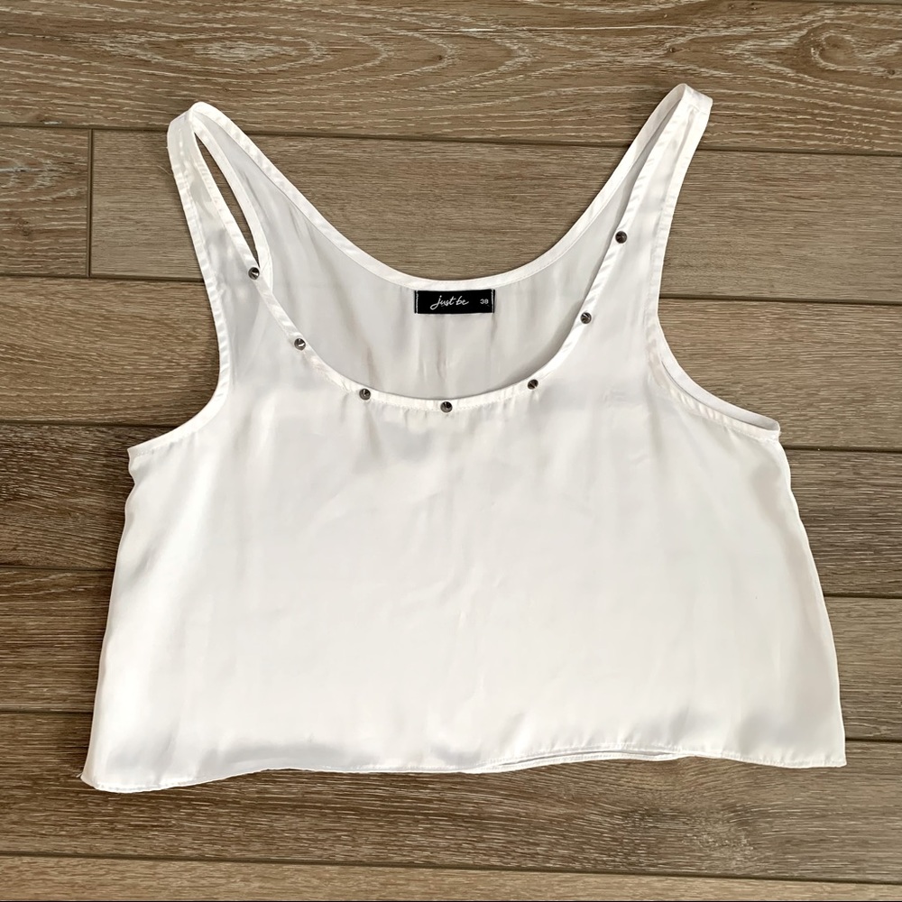 White satiny sleeveles cropped top with spikes size S
